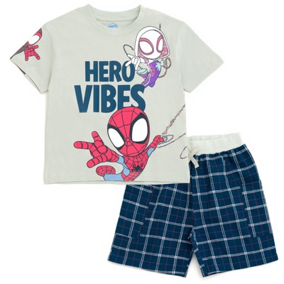 Marvel Spidey and His Amazing Friends Little Boys T-Shirt and Shorts Outfit Set Plaid Gray / Navy 5