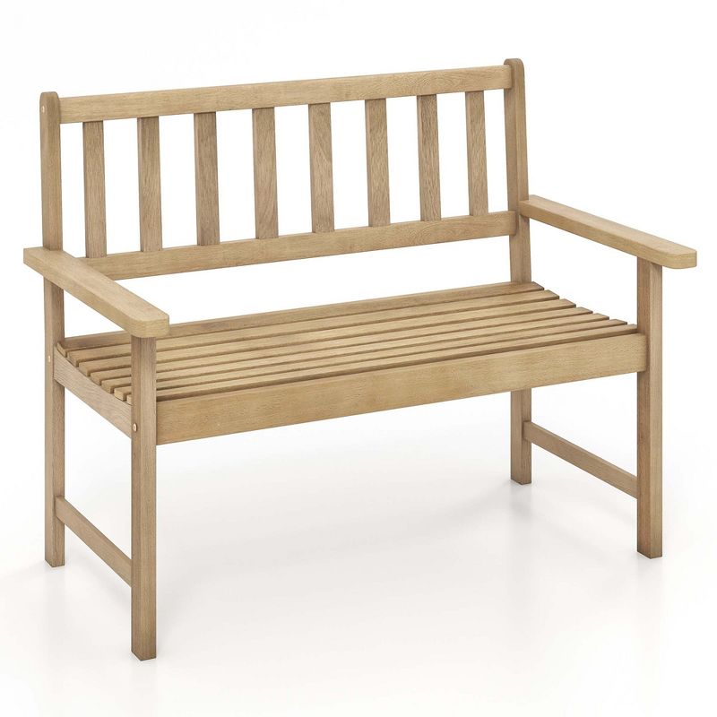 Costway Indonesia Teak Wood Garden Bench 2-Person Patio Bench with Backrest & Armrests Natural, 1 of 10