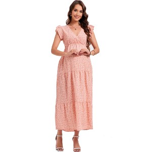 Coolmee Women Summer Maternity Maxi Dresss Floral Wrap V Neck Flutter Short Sleeve Ruffle Tiered Boho Casual Flowy Wedding Guest Long Dress - 1 of 2