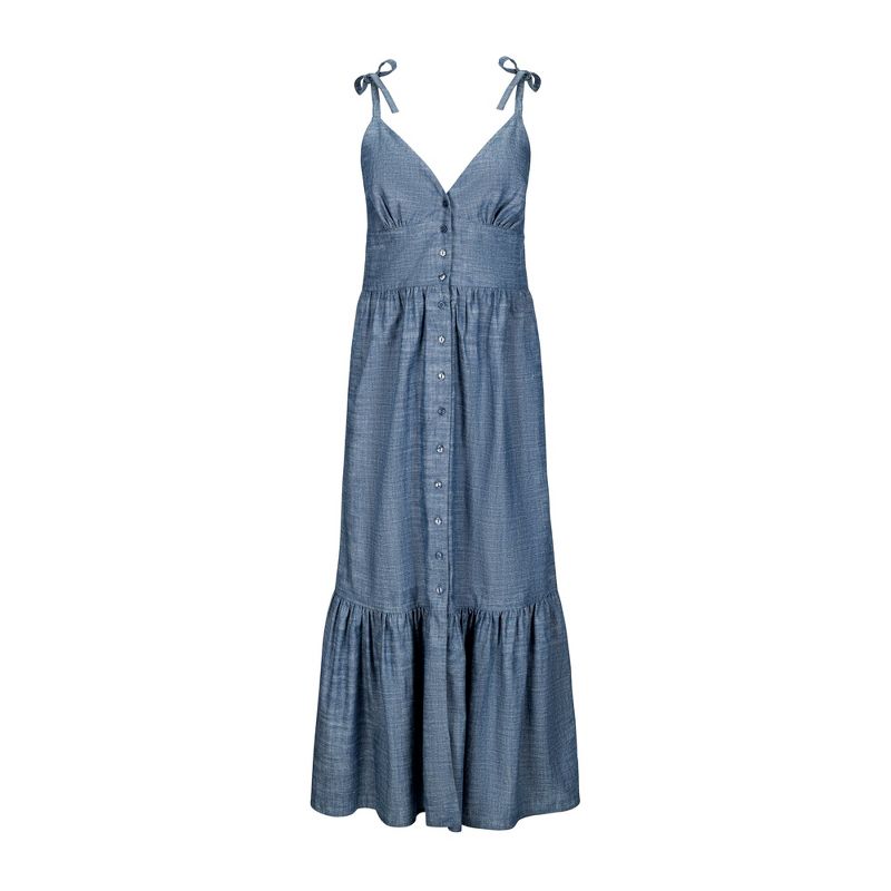 Hope & Henry Women's Bow Shoulder Button Front Chambray Maxi Dress, 4 of 6