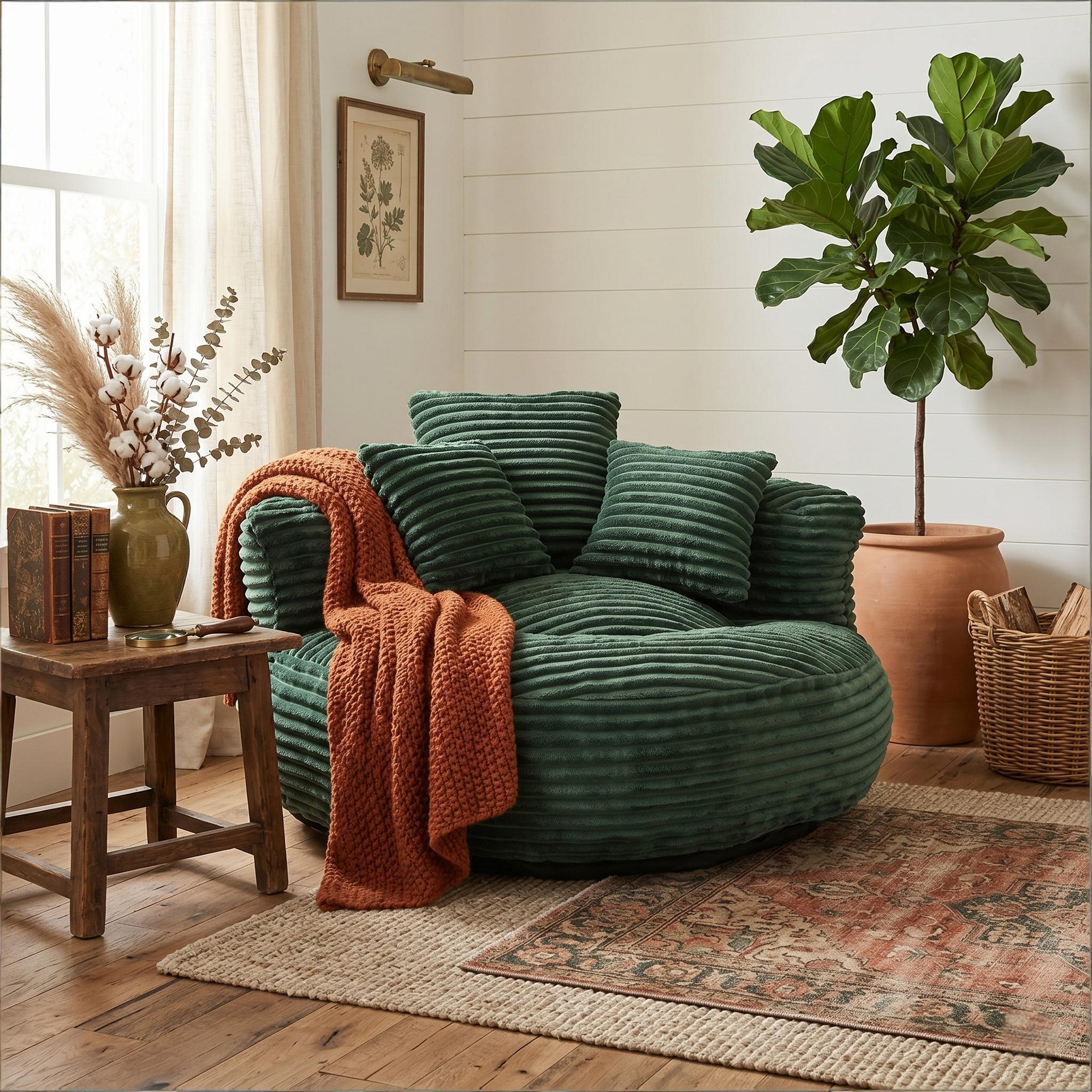 Giant Corduroy Bean Bag Sofa with Armrest & 3 Pillows, Aesthetic Cloud Chair for Adults, Comfy Memory Foam Lazy Couch for Reading, Dorm, Bedroom Vibe