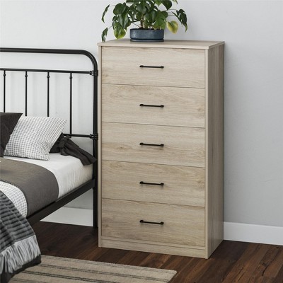 Blonde Oak Tall 5-Drawer Dresser with Metal Handles