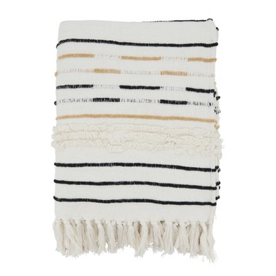 Ivory Cotton Corded Fringe Throw Blanket with Stripes
