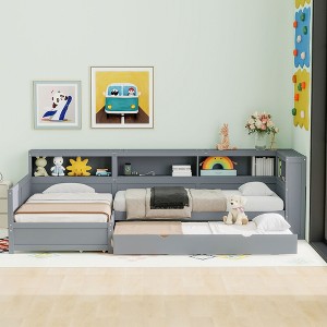Twin Daybed Sofa Bed with Trundle, USB Ports & Drawer, Wooden L-Shaped Platform Bed Frame - ModernLuxe - 1 of 4