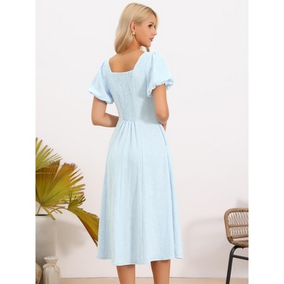 Женские платья INSPIRE CHIC Women's Summer Square Neck Short Puff Sleeve Casual Midi A Line Jacquard Floral Dresses Large Blue — фото 3