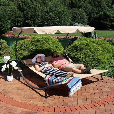 Cabana-Inspired Double Chaise Outdoor Bed with Canopy, Cream