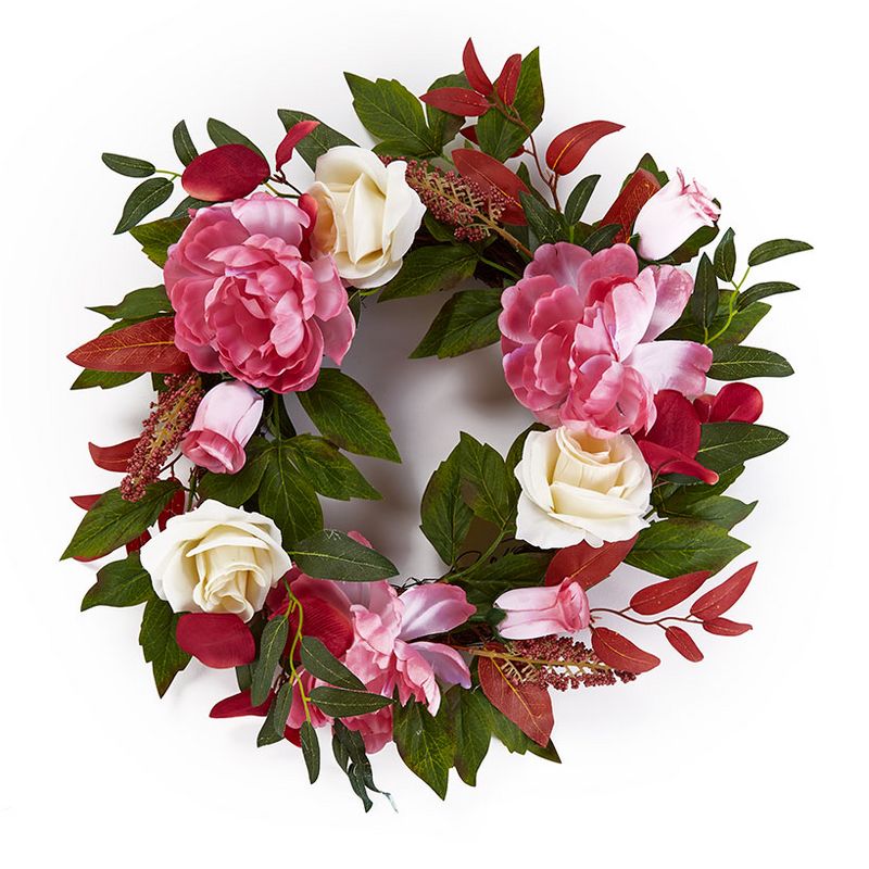 Spring/Summer Artificial Floral Grapevine Wreath with Pink and White Roses