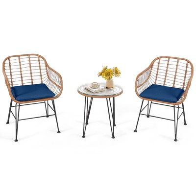 Tangkula 3PCS Patio Rattan Furniture Set with Round Tempered Glass Top Table & 2 Rattan Armchairs White/Turquoise/Red/Black/Gray/Navy