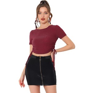 INSPIRE CHIC Women's Shimmer Glitter Drawstring Side Slim Fit Stretchy Shiny Crop Tops - 1 of 4