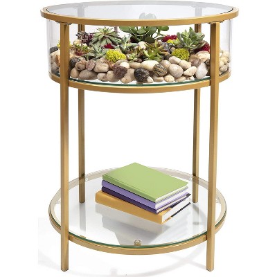 D'Eco Round Terrarium Display End Table w Reinforced Glass in Gold Iron- (Dims: 20 x 20 x 26.5") - Indoor Decor - Great Gift for Plant Lovers