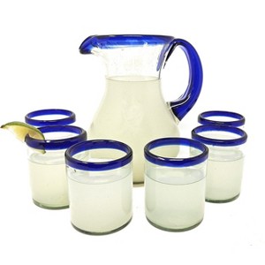 Dos Sueños Mexican Hand Blown Glassware Combo Set - Blue Rim Pitcher and Tumblers - 1 of 4