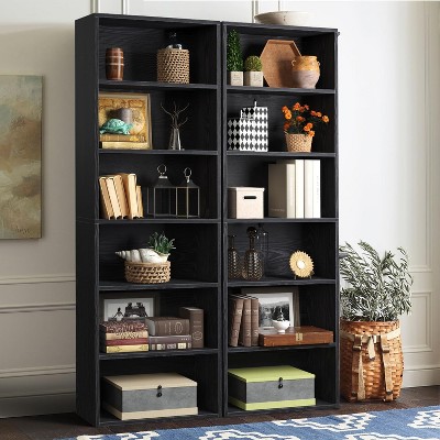 AOXUN 2-Piece Bookcase, Floor Standing 6 Tiers Tall Bookcase and Bookshelf, Display Storage Rack, for Home Offices, Living Rooms, Black