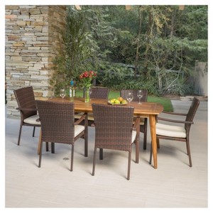 Talbot 7pc Rectangle Wood Patio Dining Set w/ Wicker Stacking Chairs - Teak - Christopher Knight Home: Acacia Table, Beige Cushions, Weather-Resistant - 1 of 4