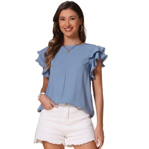 INSPIRE CHIC Women's Ruffle Short Sleeve Round Neck Solid Casual Blouse - 1 of 4