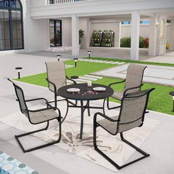 5pc Outdoor Dining Set with Padded Sling C-Spring Chairs & Round Metal Table with Umbrella Hole - Black - Captiva Designs