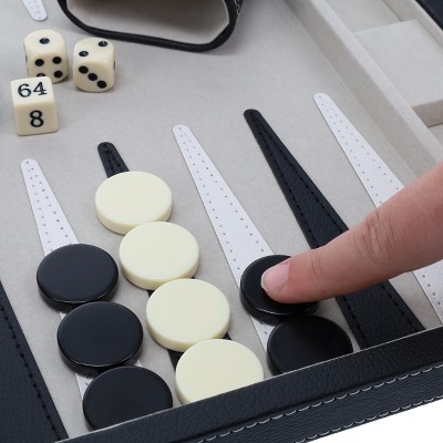 Elegant Black Leatherette Backgammon Set with White Stitching, 15 inches