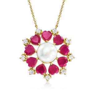 Ross-Simons 10.5-11mm Cultured Pearl and 6.50 ct. t.w. Ruby Necklace With .90 ct. t.w. White Topaz in 18kt Gold Over Sterling Size 18 - 1 of 3
