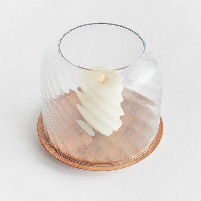 Medium Clear Glass and Acacia Wood Hurricane Candle Holder