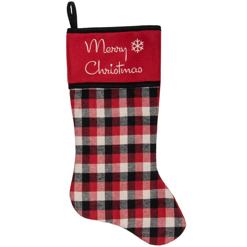 Northlight 20.5-Inch Red, Black, and White Plaid Christmas Stocking with Fleece Cuff, 1 of 3