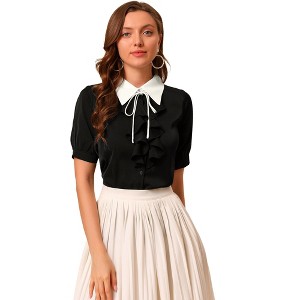 Allegra K Women's Contrast Collar Tie Ruffle Front Button Short Sleeve Work Shirt - 1 of 4