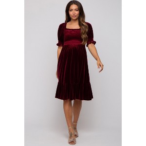 Pinkblush Burgundy Velvet Smocked Puff Sleeve Maternity Dress - 1 of 4