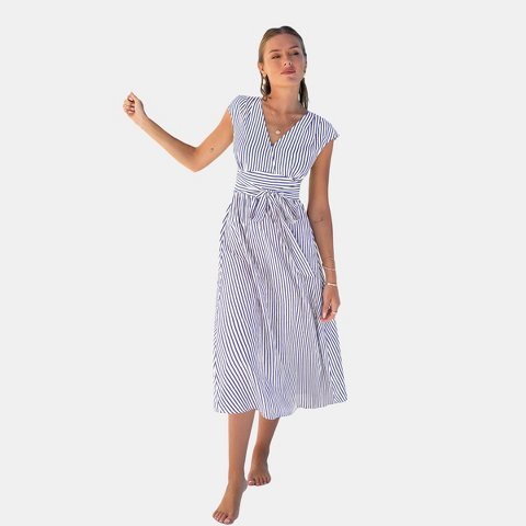 Женские платья Cupshe Women's Striped Wrap Waist-Defining Midi Shirt Dress-M-Blue