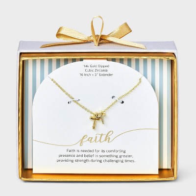 14K Gold Dipped Cubic Zirconia Double Cross Slider Pendant Necklace with Extender - Gold