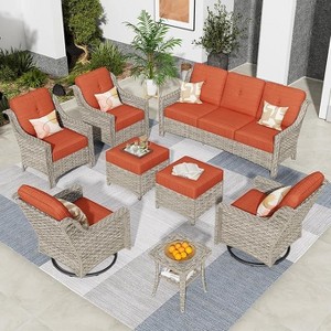 XIZZI 8 Pieces Wicker Sofa with Cushion, Swivel Rocking Chairs, High Back Rattan Chairs and Ottomans, 9 Seats Conversation Set for Backyard - 1 of 4