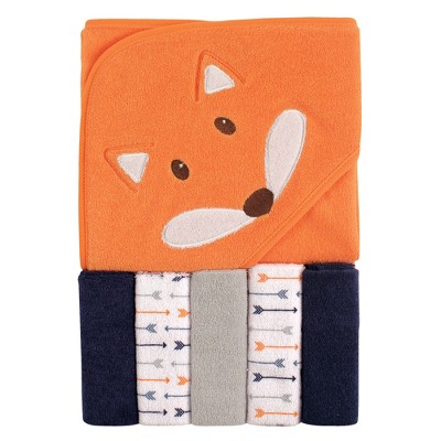 Luvable Friends Baby Boy Hooded Towel with Five Washcloths, Boy Fox, One Size