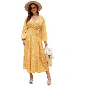 Women Plus Size V Neck Wrap Maxi Dress High Waist Ruffle Summer Casual Dress with Belt Long Sleeve,navy blue yellow flower - 1 of 4