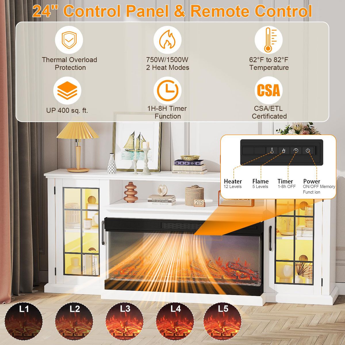 40 in Electric Fireplace & 75 in TV Stand with 12-Color LED Flame and 3 Brightness Modes, Spacious Two-Tier Design - thumbnail 7