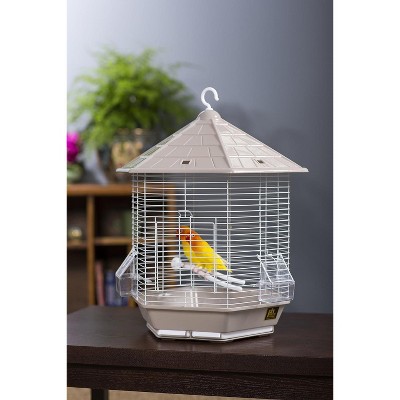 Hexagonal Gray and Brown Steel Bird Cage with Peaked Roof