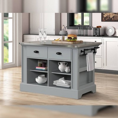 Gray Pine and Stainless Steel Kitchen Island with Storage