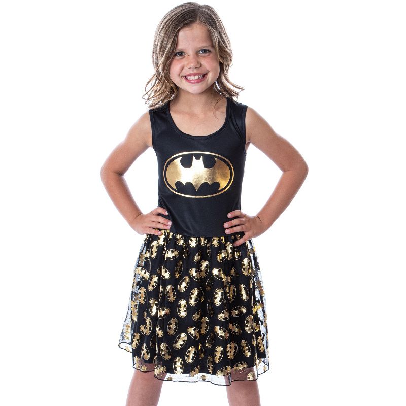 DC Comics Girl's Batman Logo Tank Nightgown Costume Pajama Dress Black, 1 of 5