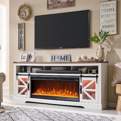 SinCiDo Fireplace TV Stand for 85" TV, w/ Sliding Barn Doors, Remote Control Adjustable 3D Fireworks and LED Lamp, w/ 42" Electric Fireplace TV Stand