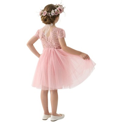 2Bunnies Paisley Lace Tulle Short Sleeve Flower Girl Dress Knee