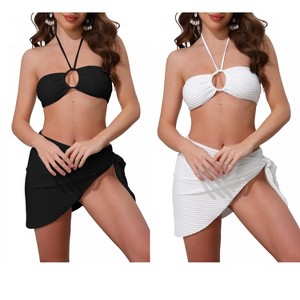INSPIRE CHIC Women's Rope Circle Halter Ribbed Triangle Bottoms Side Tie Cover Up Swimwear Bathing Bikini Suits 2 Sets - 1 of 4