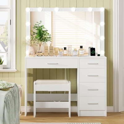 USIKEY Makeup Vanity with 12 Lights, Vanity Desk with Power Outlet, 5 Drawers, Dressing Vanity Table with Stool for Bedroom