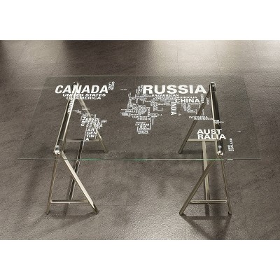 Contemporary World Map Glass Home Office Desk - 59" Nickel Finish