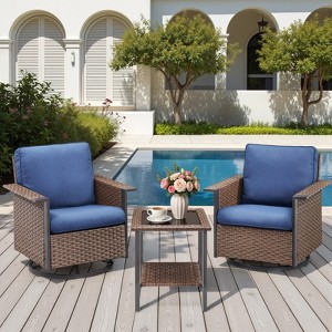 Buenhomino 3 Pieces Outdoor Wicker Swivel Rocker Patio Set, Swivel Rocking Chairs Wicker Patio Set with Cushions and Armored Glass Top Side Table - 1 of 4