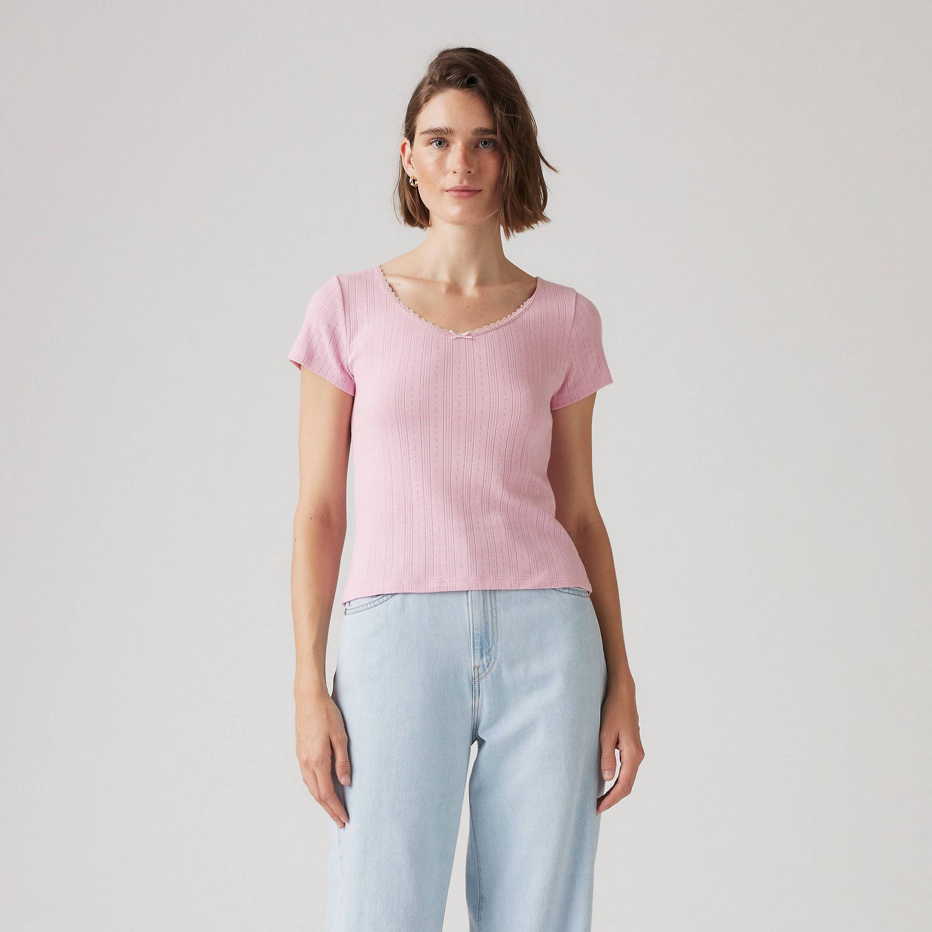 Levi's® Women's Sweetie Pointelle Top - Fragrant Lilac XL: 100% Cotton, Lightweight, Fitted V Neck Pullover, Short Sleeve