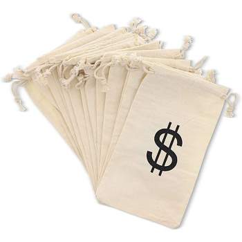Juvale 7" Set of 12 Money Bag Pouches with Drawstring Closure Canvas Cloth and Dollar Sign Design for Toy Party Favors