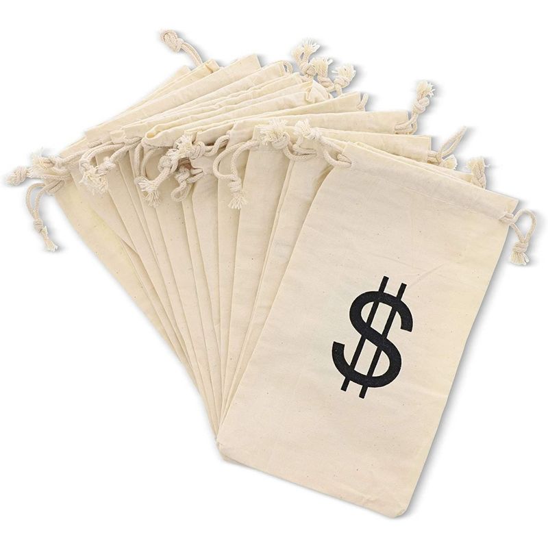 Juvale 7" Set of 12 Money Bag Pouches with Drawstring Closure Canvas Cloth and Dollar Sign Design for Toy Party Favors, 1 of 6