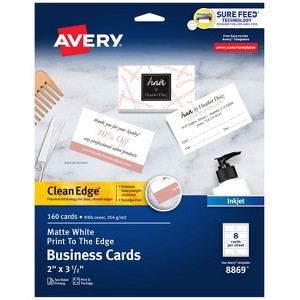 Avery Clean Edge Printable Business Cards with Sure Feed Technology, 2" x 3.5", White, 160 Blank Cards for Inkjet Printers (8869) - 1 of 4