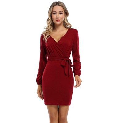 Leadingstar Women's Sexy Bodycon Casual Party Work Dresses Lantern Long Sleeve Wrap Mini Dress