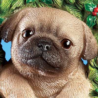 Hand-Painted Pug in Evergreen Wreath Resin Ornament