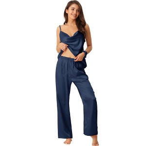 cheibear Women's Satin Cowl Neck Cami Top with Long Pant PJ Loungewear Silky Pajama Set - 1 of 4