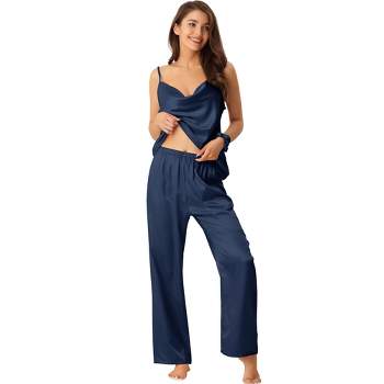 Cheibear Women's Silky Satin V-neck Sleeveless Cropped Cami Top With Shorts  Sleepwear Pajama Sets 2 Pcs Navy Blue Small : Target