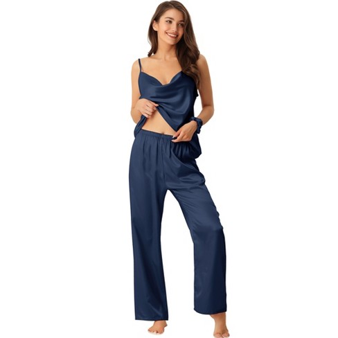 Cheibear Womens Satin Sleepwear Cowl Neck Cami Top With Long Pant