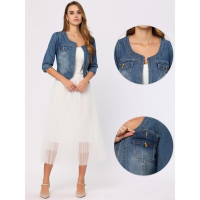 INSPIRE CHIC Women's Collarless Pockets 3/4 Sleeve Crop Denim Jackets 2 Pieces Blue/Light Blue Small — фото 2